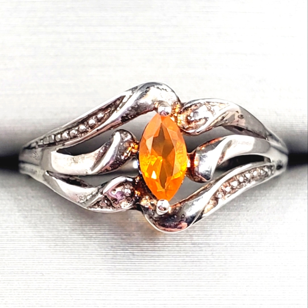 Genuine Orange Marquise Fire Opal 925 Sterling Silver Ring